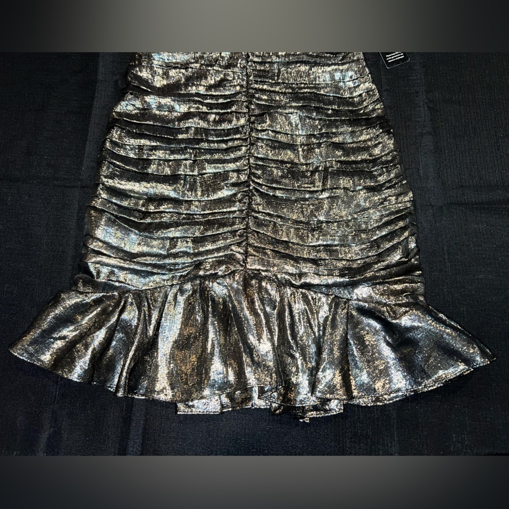 Metallic Silk V-Neck Ruched Ruffle Mini Dress - Picture 9 of 14